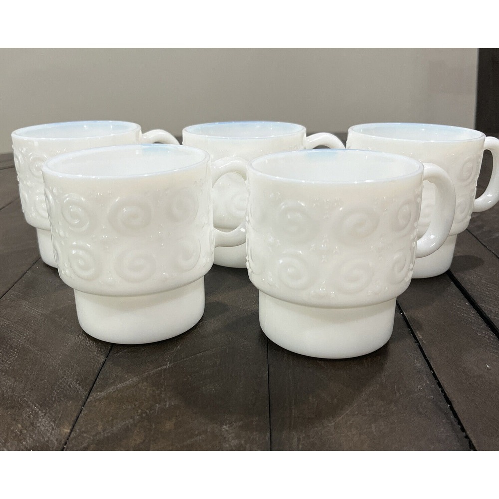 Vintage Hazel Atlas Hazelware‎ White Milk Glass Scroll & Dots Embossed Mugs (5)